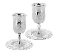 SOLUSTRE 2 Set Shabbat Cup Set - Metal Wine Goblet with Coaster Wine Blessing Glasses for Passover Seder - Stemmed Shabbos Cup Vintage Offering Mug Silver