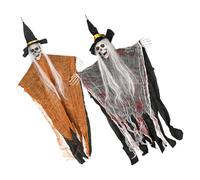 SOLUSTRE 2pcs Hanging Halloween Skeleton Props with White Hair and Orange Blood Stained Clothes Lightweight Flying Ghost Decorations for Indoor Outdoor Patio Haunted House Party Ambiance
