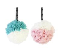 SOLUSTRE 2pcs Large Mesh Pouf Shower Ball Bath Sponge with Rich Lather and Short Hanging Rope, Double Colour Soft Pe Bath Balls for Effective Exfoliating and Daily Shower Use