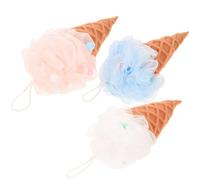SOLUSTRE 3pcs Ice Cream Shaped Bath Sponge Set with Pink, White, Blue Shower Exfoliating Body Scrubber Mesh Pouf for Gentle Skin Cleansing and Dead Skin Removal
