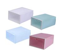 SOLUSTRE 4Pcs Large Capacity Clamshell Shoe Storage Boxes Transparent Thickened Plastic Organizer with Dustproof Drawer Design Stackable Containers in Pink Blue White and Green