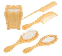 SOLUSTRE 5pcs Vintage Hair Brush Comb Set with Mirror and Comb Holder, Plastic Material, Works on Wet and Dry Hair, Suitable for Bathroom Vanity and Desktop Use