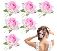 SOLUSTRE 6pcs Pink Fabric U-shaped Hairpins with Rose Design, Decorative Hair Pins for Weddings and Beach Weddings, Not Easy to Fade, Charming Hair Accessories for Brides and Girlfriends