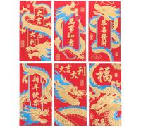 SOLUSTRE 6pcs Traditional Chinese Style Dragon Pattern Red Envelopes with Glitter Paper Material, Easy to Open Or Close, Featuring Blessing Words, for New Year Celebrations and