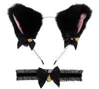 SOLUSTRE Animal Faux Fur Cat Ears Headband with Bells Lovely Black Lace Necklace Collar Perfect Couple Flirting Petplay Kit Set for Halloween Cosplay Party Women Girls Adult, Set of 2