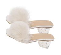 SOLUSTRE Chunky Heeled Fluffy Slippers for Women, Beige Plush Furry Sandals with Crystal Block Heel, Summer Fashion Footwear Size 39, Soft Fuzzy Heels for Casual Wear