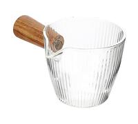 SOLUSTRE Compact Transparent Glass Creamer Pitcher with Beak for Easy Pouring Multi Function Milk Jug for Coffee Shops Homes Offices Stylish Hammered Texture and Acacia Wood Handle Capacity