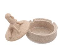SOLUSTRE Creative Yoga Stone Man round Resin Ashtray with Windproof Lid, Versatile Usage for Home and Office, Unique Decorative Desktop Smoking Ash Holder in Khaki Colour