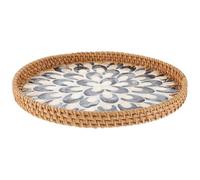 SOLUSTRE Handmade Rattan Woven Serving Tray with Seashells, round Decorative Coffee Table Tray for Holding Bread and Fruit, Artistic Woven Storage Basket for Tabletop Storage and Everyday