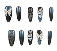 SOLUSTRE Handmade Wearable Fake Nails Blue Plastic Press on Nails with Versatile Design and Firmly in Place Feature for Stylish Daily Wear and Halloween Cosplay Party