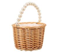 SOLUSTRE Handwoven Wicker Flower Girl Basket with Tassel Decor Small Rustic Pearl Woven Storage Basket for Gifts and Home Decor Handheld Woven with Handle