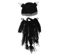 SOLUSTRE Knitted Viking Horn Hat with Realistic Artificial Beard Beard Wigs for Men Handmade Funny Beanie for Cosplay Halloween Party Costume Unique Medieval Style