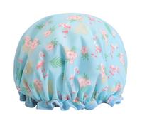 SOLUSTRE Waterproof with Adorable Blue Cartoon Style Shower Cap with Elastic Band Double Layer Protect Hair PE Material Printed Flamingo Design Bath Hat for Kitchen Cooking and Spa