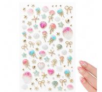Solvind 5D Embossed Summer Beach Nail Stickers, 1 Sheet Gold Seashell Starfish Jellyfish Nail Decals, Self-Adhesive Resin Nail Art Stickers for DIY Manicure Nail Decorations