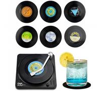 Solvio 6 Pcs Retro Vinyl Record Coasters with Player Holder, Non-Slip Drink Coasters Set, Funny Music Gifts for Men, Vintage Bar Accessories for Home Pub, Retro Room Decor Housewarming Gifts