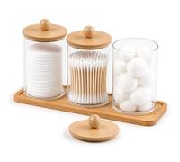 Solvio Premium Glass Cotton Bud Holder Dispenser with Bamboo Lids and pallet- 3 Pack Apothecary Jars for Bathroom Decor, Q Tips, Cotton Pads and Vanity Accessories Storage Organization