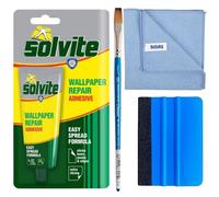 Solvite Wallpaper Repair Adhesive Tube | Includes +1 Microfiber Cloth + 1 Nylon Bristle Brush + 1 Blue Vinyl Squeegee | Strong Wall Paper Paste for Wallpaper Borders, Wall Repair & Ceiling Wallpaper B