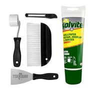 Solvite Wallpaper Repair Kit: Overlap & Border Adhesive (240g) with Tsekouri Roller & Bristle Brush for Seamless Wall Covering, Easy DIY Glue & Tools