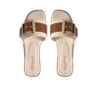 SOLY HUX Women's Leather Metal Buckle Flat Sandals Dressy Elegant Open Toe Slides Summer Slip on Sandals Brown 7.5