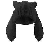 Solyinne Bunny Beanie Hats for Women Cute Rabbit Beanie Crochet Hats Winter Cap Warm Skull Cap Outdoor Ski Slouchy, Black, One Size