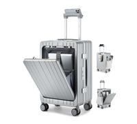 Somago 20 Inch Carry On Luggage Front Open with Laptop Pocket Hardside PC Suitcase with Aluminum Frame, Spinner Luggage with TSA Lock USB Port Cup Holder, Silver, Carry on-20 Inch, 20 Inch Carry on
