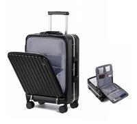 Somago Carry on Luggage Front Open 22x14x9 Airline Approved Lightweight Suitcase with Cup Holder and USB Port Aluminum Frame Polycarbonate Spinner Hard Suitcase with TSA Lock, Classic Black, Carry on