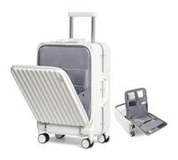 Somago Carry on Luggage Front Open 22x14x9 Airline Approved Lightweight Suitcase with Cup Holder and USB Port Aluminum Frame Polycarbonate Spinner Hard Suitcase with TSA Lock, Off White, Carry-On 20