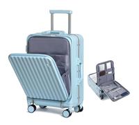 Somago Carry on Luggage Front Open 22x14x9 Airline Approved Lightweight Suitcase with Cup Holder and USB Port Aluminum Frame Polycarbonate Spinner Hard Suitcase with TSA Lock, Light Blue, Carry-On 20