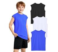 Somaibo 3 Pack Boys Athletic Tank Tops Breathable Mesh Undershirt Quick Dry Sleeveless Muscle T Shirts for Kids, White, Black, Blue, 11-12 Years