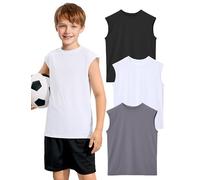 Somaibo 3 Pack Boys Athletic Tank Tops Breathable Mesh Undershirt Quick Dry Sleeveless Muscle T Shirts for Kids, White/Black/Grey, 11-12 Years