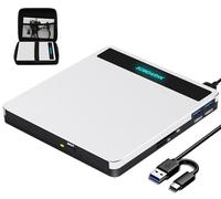 SOMDARHK External CD DVD Drive for Laptop: USB 3.0 & Type-C Portable CD Burner Reader with SD/TF Card Slot & 2 USB Ports/Slim Silver Compatible with PC Tablet Mac (Windows 11/10, MacOS, MacBook Pro)