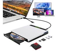 SOMDARHK External DVD Drive for Laptop, CD Drive External USB 3.0 Type-C with SD/TF/2 USB Ports, Portable External DVD Burner for Desktop PC Apple Mac Windows Includes Free Bag, Silver