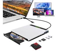 SOMDARHK External DVD Drive for Laptop with Portable Bag, Aluminium | USB 3.0 Type-C CD Drive External with SD/TF/2 USB Ports for PC Windows, Slim External DVD Burner Player for Mac Apple, Silver