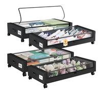 Somdot 48L Under Bed Storage Box, Large Capacity Under Bed Storage on wheels with Lid and Zip, Foldable Organiser for Clothes Bedding and Shoes, Black, 4 Pack