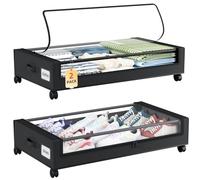 Somdot 48L Under Bed Storage Box, Large Capacity Under Bed Storage on wheels with Lid and Zip, Foldable Organiser for Clothes Bedding and Shoes, Black, 2 Pack