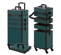 Somduy Makeup Train Case, Rolling Makeup Case, Cosmetology Case on Wheels, Christmas Gift, Large Makeup Case Organizers Trolley, Profesional Cosmetic Case for Salon Barber, Black Green, 4 layers,