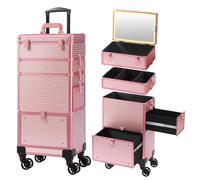 Somduy Makeup Train Case with LED Mirror, Rolling Makeup Case with Drawers, Cosmetology Case on Wheels, Gift, Travel Makeup Organizers, Profesional Cosmetic Case for Salon Barber,Nail, Tattoo, Pink