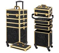 Somduy Rolling Makeup Case, Makeup Train Case with Lid, 5 in 1 Cosmetology Case on Wheels, Christmas Gift, Large Makeup Organizers, Profesional Cosmetic Case for Salon Barber, Pattern Black Gold