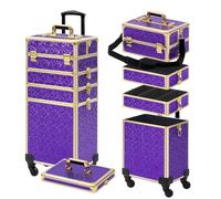 Somduy Rolling Makeup Case, Makeup Train Case with Lid, 5 in 1 Cosmetology Case on Wheels, Christmas Gift, Large Makeup Case Organizers, Profesional Cosmetic Case for Salon Barber, Purple Gold, Modern