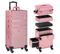 Somduy Rolling Makeup Case with Drawer, 4 in 1 Cosmetology Case on Wheels, Large Makeup Case Organizers, Professional Cosmetic Case for Salon Barber, Light pink, 4 layers, Modern