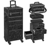 Somduy Rolling Makeup Case with Drawer, Makeup Train Case, 4 in 1Cosmetology Case on Wheels, Christmas Gift, Large Makeup Case Organizers, Profesional Cosmetic Case for Salon Barber, Pattern Black