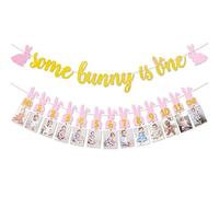 Some Bunny is One Banner Kit Easter Bunny 1st Birthday Decorations Monthly Milestone Photo Banner Spring Easter Rabbit Themed 12 Months Photo Banner for Girls Baby