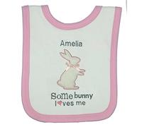 Some Bunny Loves Me Personalised Easter Bib. (White with Pink Trim)