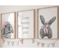 Some Bunny Loves You Set of 3 Unframed Poster Prints for Girl Boy Nursery Bedroom Playroom, Bunny Rabbit Wall Art, Pink Blue Bow Flower (Pink, A3)