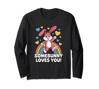 Somebunny Loves You Cute Pink Bunny Rainbow Hearts Long Sleeve T-Shirt