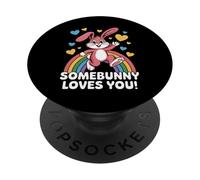 Somebunny Loves You Cute Pink Bunny Rainbow Hearts PopSockets Adhesive PopGrip
