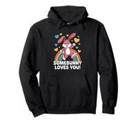 Somebunny Loves You Cute Pink Bunny Rainbow Hearts Pullover Hoodie