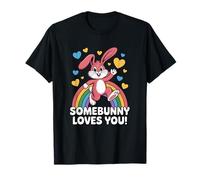 Somebunny Loves You Cute Pink Bunny Rainbow Hearts T-Shirt