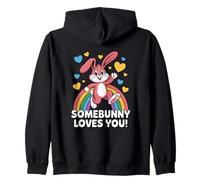 Somebunny Loves You Cute Pink Bunny Rainbow Hearts Zip Hoodie