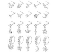 SOMEITIA 20PCS 20G Surgical Steel Dangle Nose Rings for Women L Shaped Nose Studs Dangling Nose Rings Hoops CZ Flower Butterfly Moon Nose Piercing Jewelry Silver